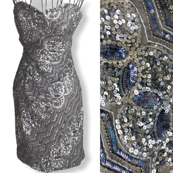 SCALA Sequin Beaded Embellished Chain Metallic Strapless Cocktail Prom Dress 0 - Picture 4 of 10